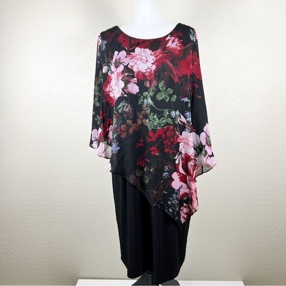 Floral Chiffon Cape Popover Sheath Dress Overlay Black Red Pink Knee Length 18W - Picture 2 of 16